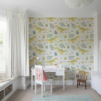 Dino nursery wallpaper featuring cute, friendly dinosaurs in soft pastel colors.