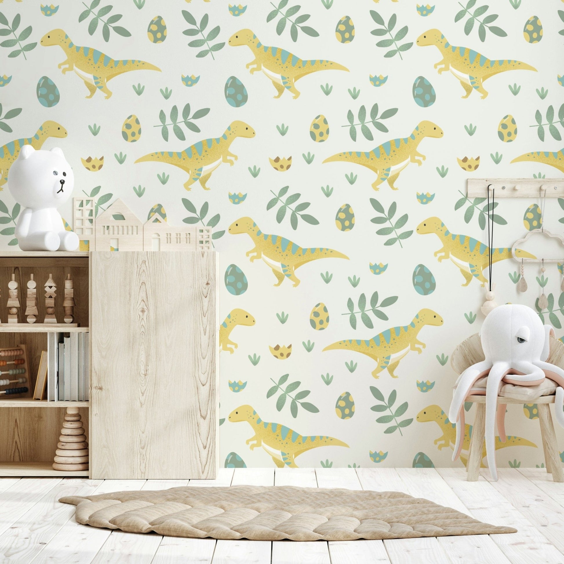 Playful dinosaur mural perfect for nurseries with gentle, child-friendly designs.