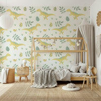 Nursery wallpaper with charming dinosaurs and simple, calming colors.