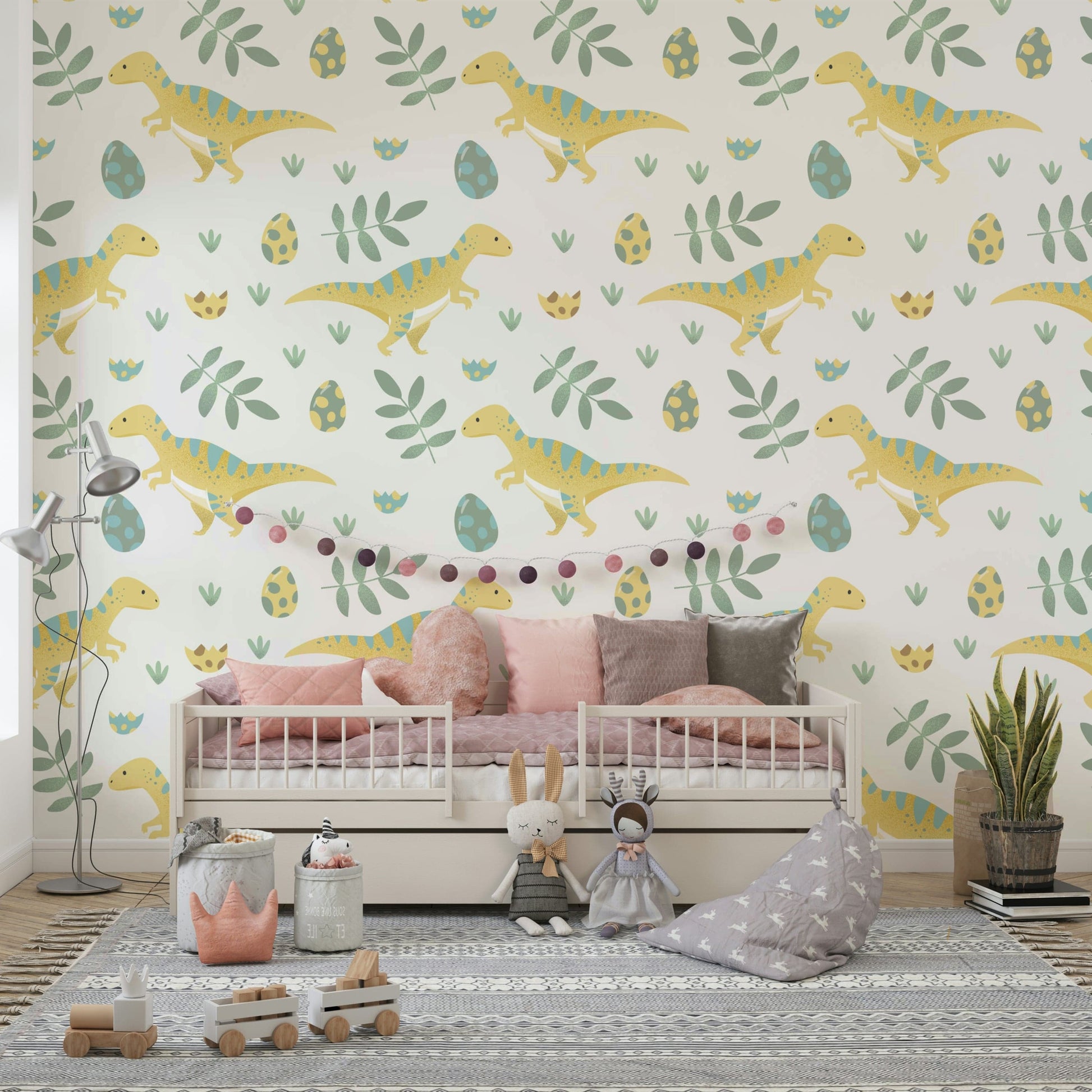 Pastel dinosaur wallpaper adding a joyful, adventurous vibe to nursery walls.