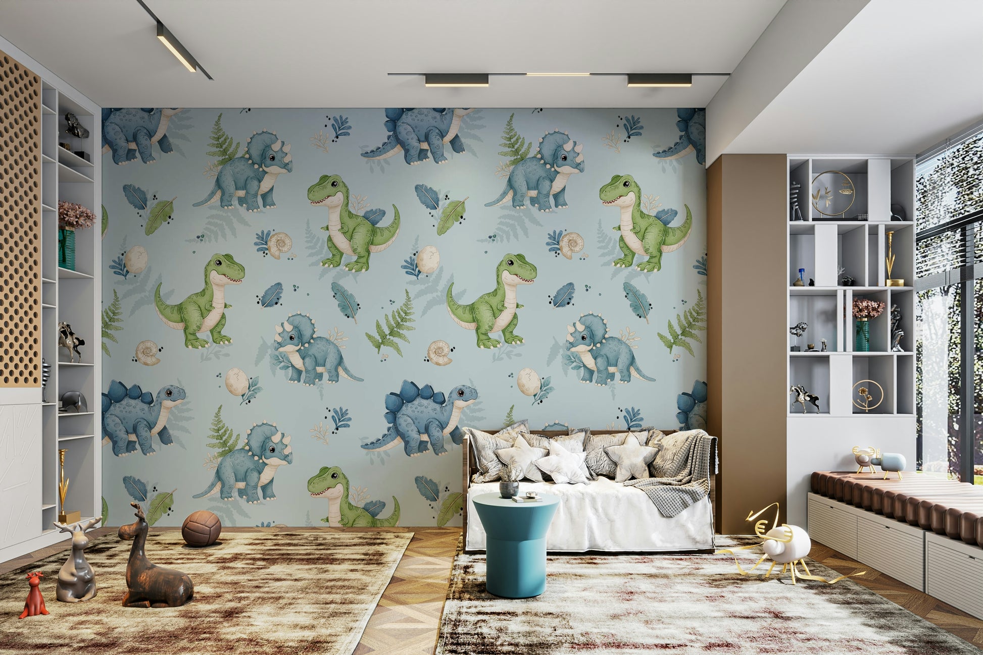 Blue dinosaur wallpaper for kids bedroom

