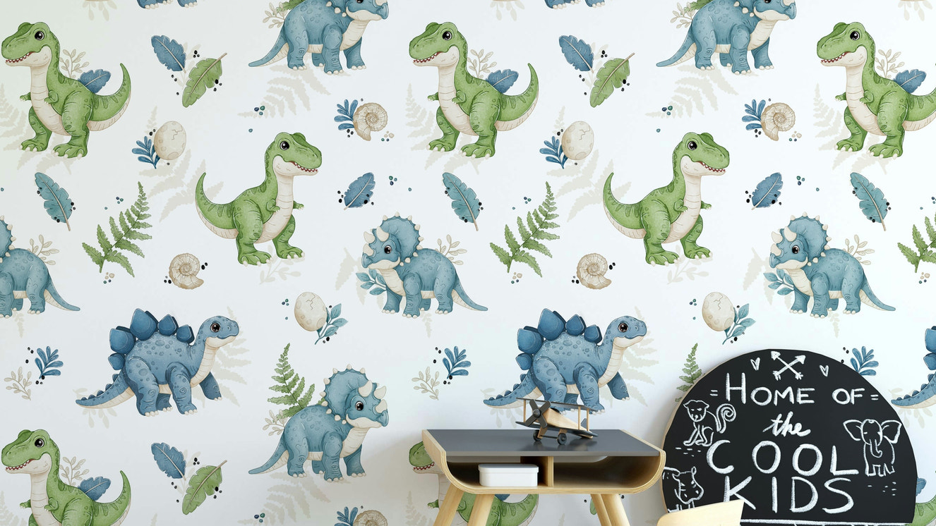 Green and blue dinosaurs on white background

