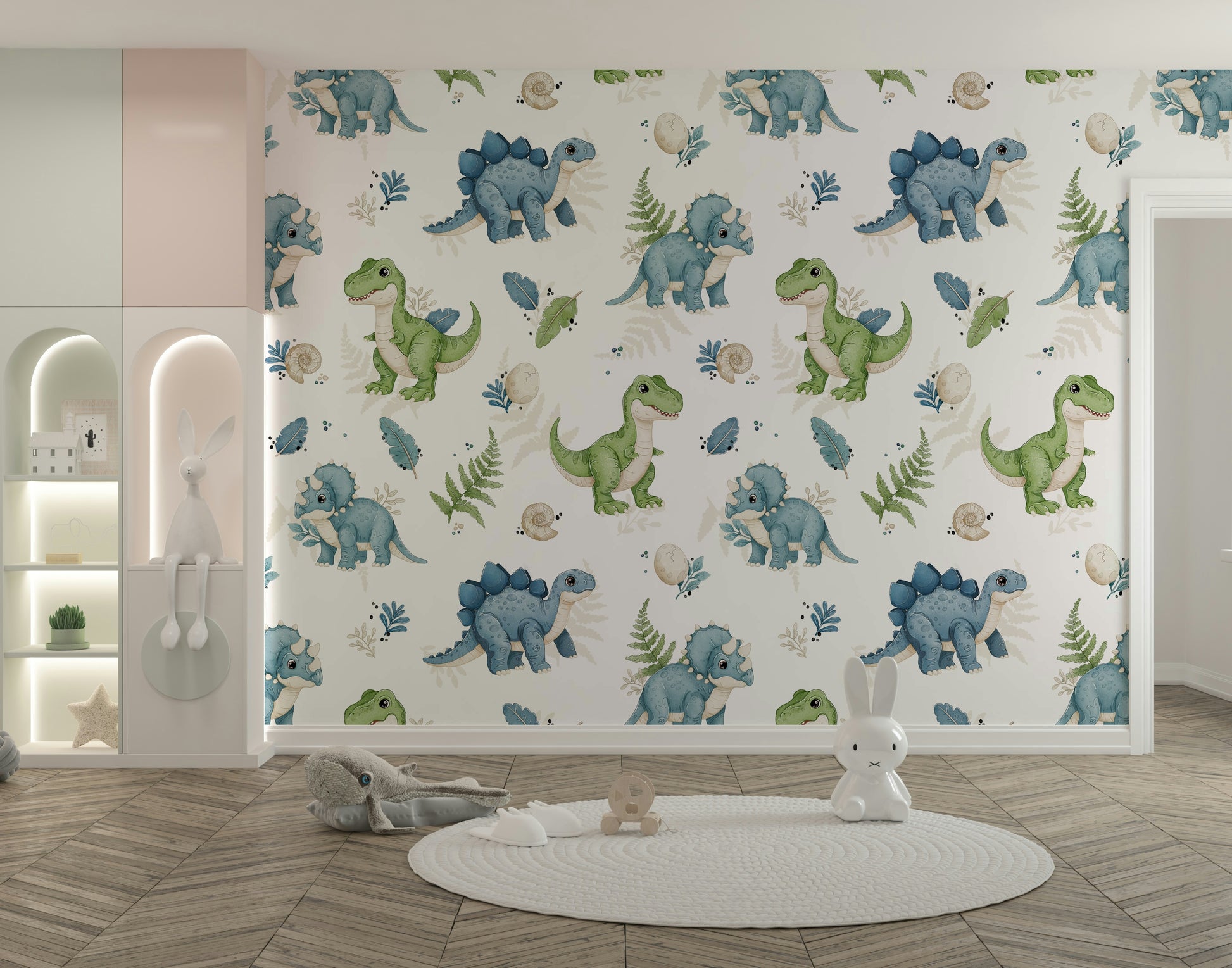Whimsical dinosaur print for baby room

