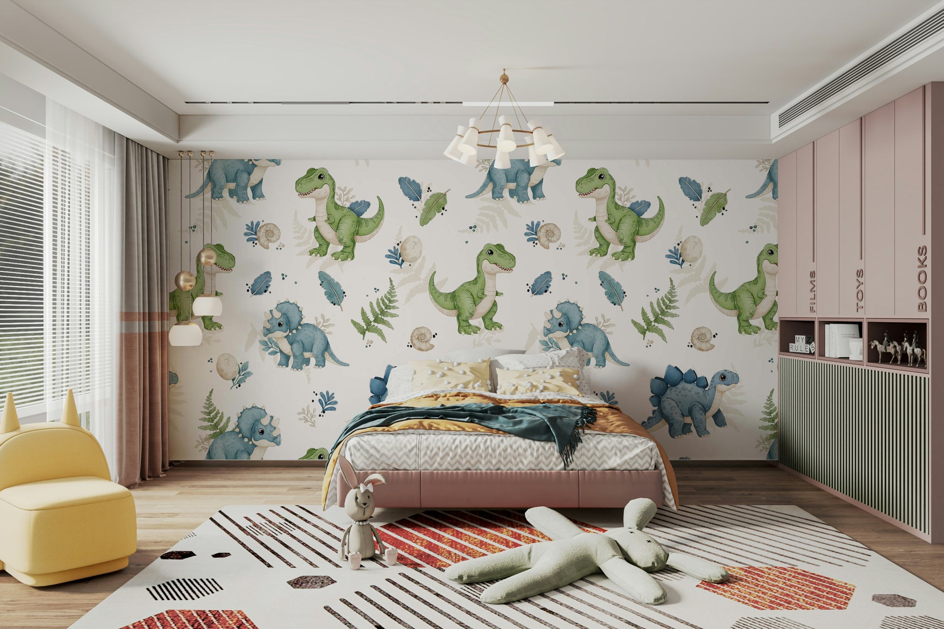 Dino-themed wallpaper with leafy accents

