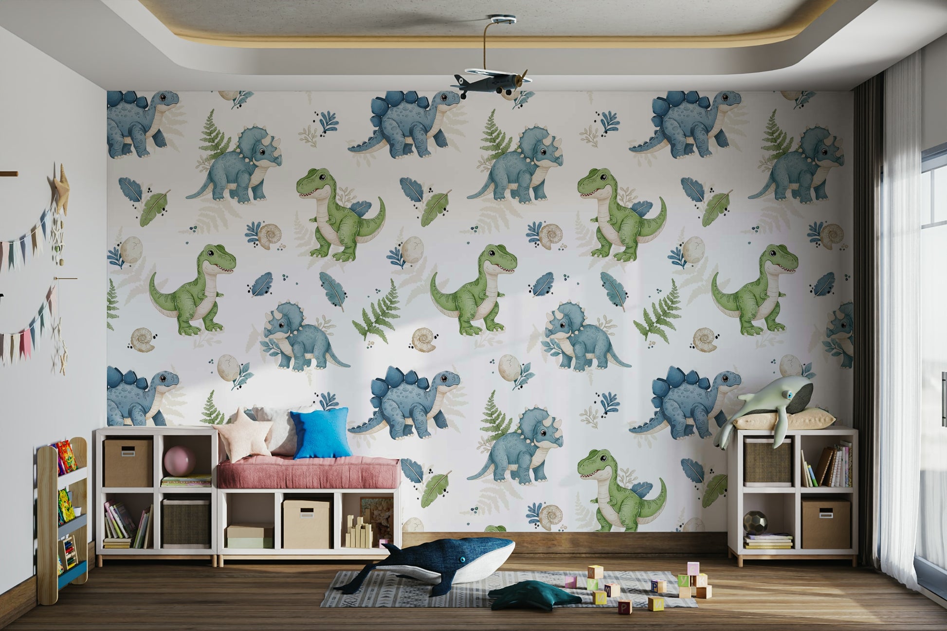 Colorful dinosaur wallpaper for kids’ room

