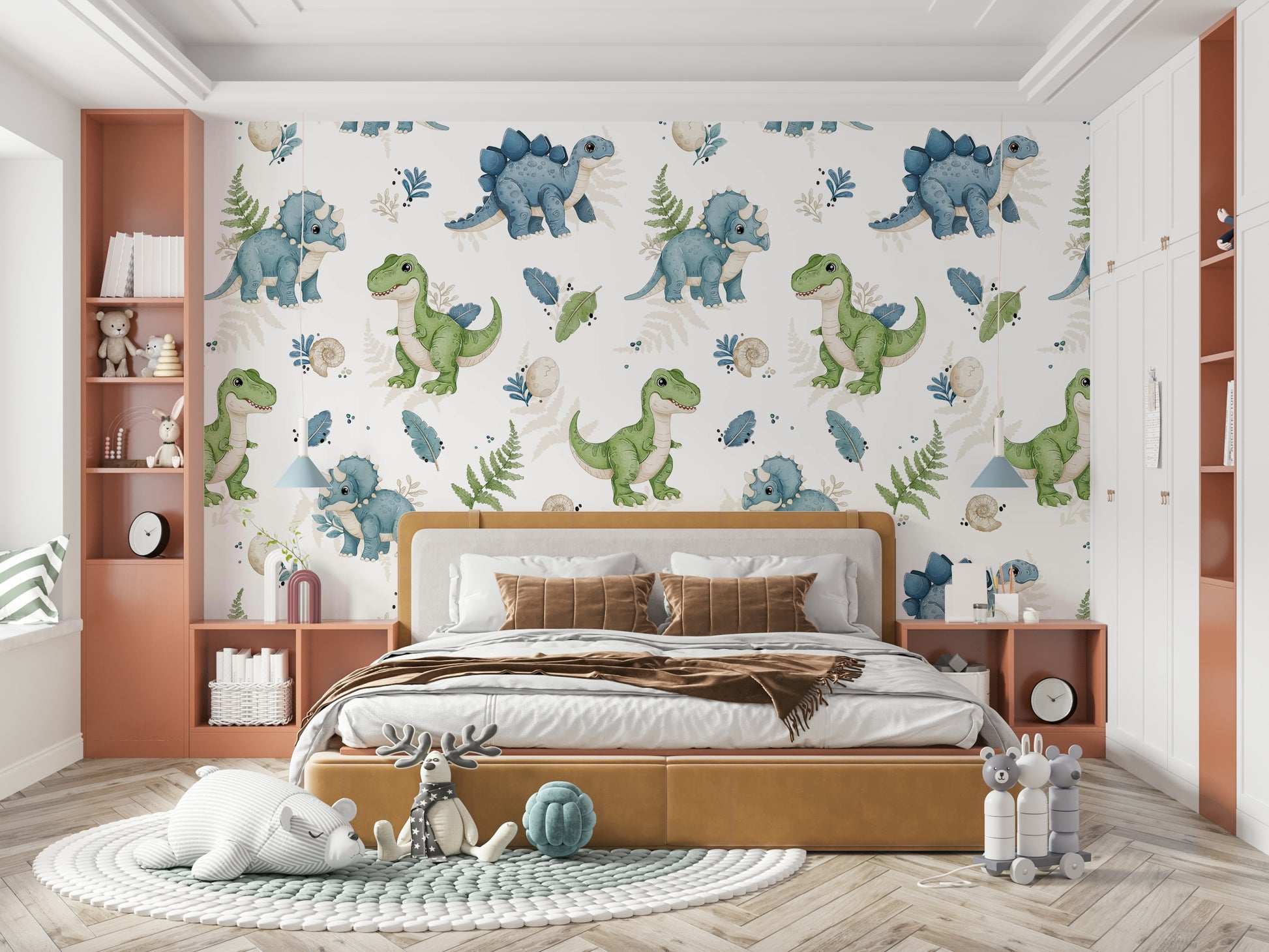 Nursery wallpaper with playful dino print

