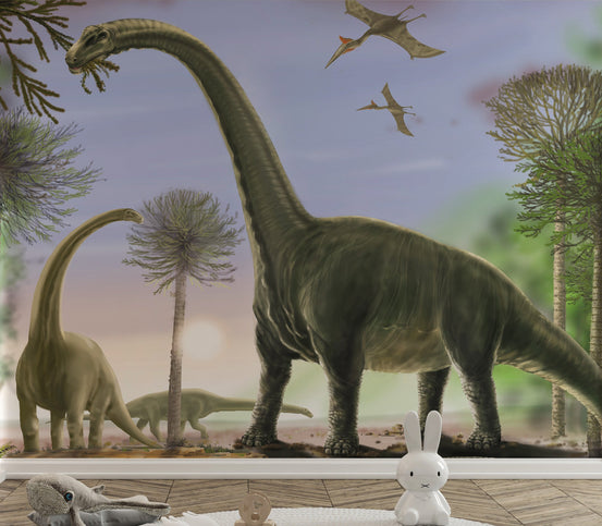 Animated Dinosaur wallpaper mural shown as a full feature wall that highlights the design