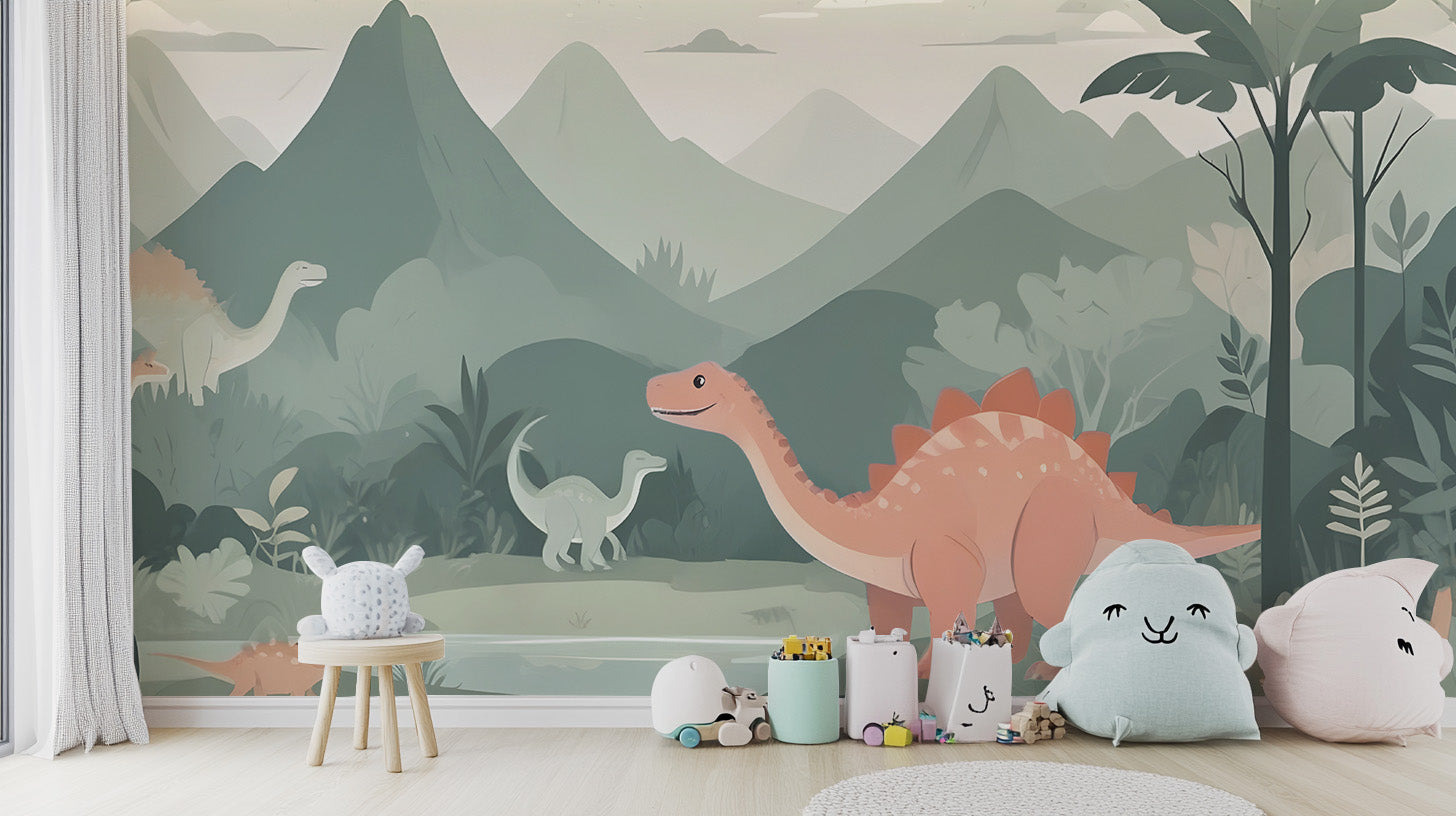 Self adhesive Kids Dinosaur wall Mural in a bedroom with a small white table and matching chair.