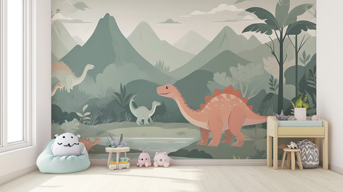 Removable Kids Dinosaur wall Mural in a nursery featuring a minimal white table and white flooring.