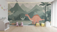 Standard finish Kids Dinosaur wall Mural in a nursery with blue storage bins and floor toys.