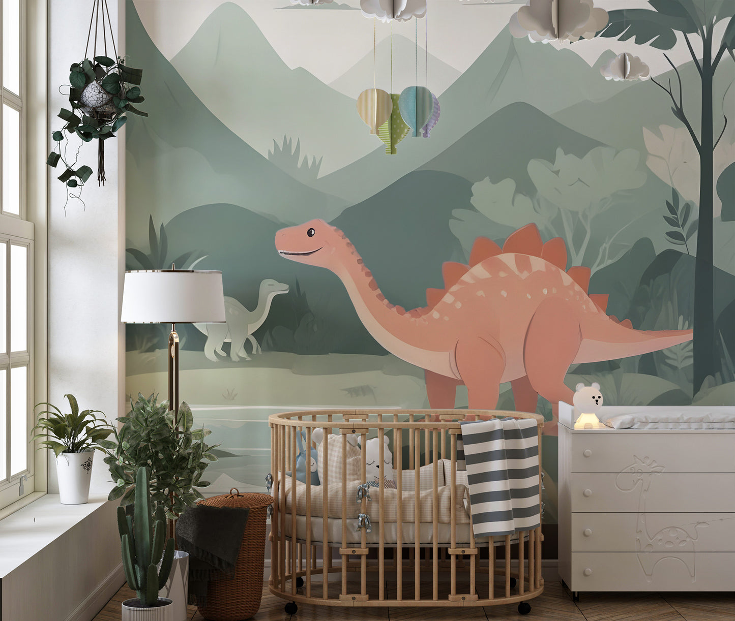 Close up of Kids Dinosaur wall Mural on premium canvas behind a nightstand with a bunny plush.