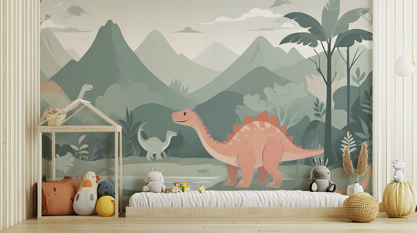 Kids Dinosaur wall Mural in a playroom featuring light blue chairs and a round white rug.