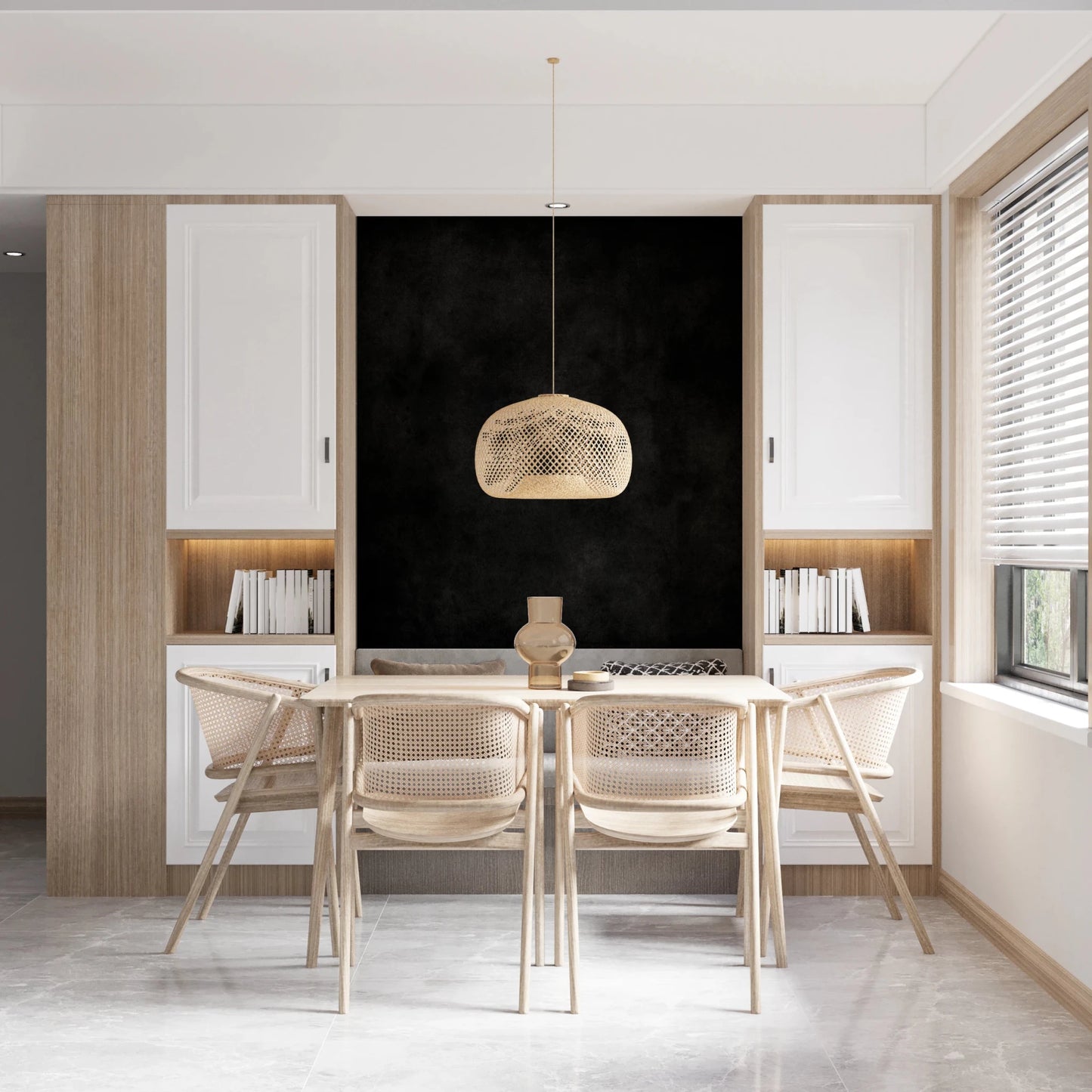 Dirty Paper - Cave wallpaper mural of a dark accent wall in a dining nook with cane chairs and a rattan pendant
