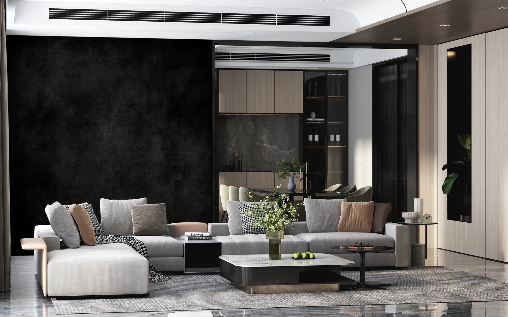 Dirty Paper - Cave wallpaper mural of a moody dark wall behind grey sectional sofas in a luxe living room
