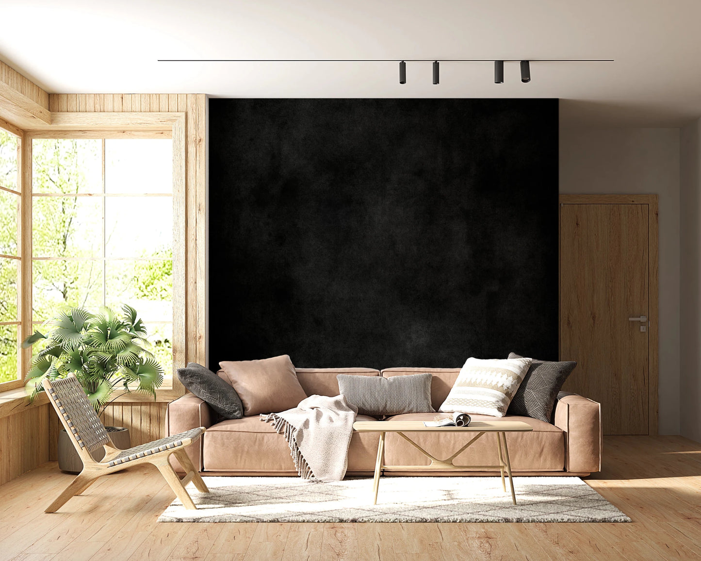Dirty Paper - Cave wallpaper mural of a charcoal wall behind a blush sofa in a wood-framed cabin living room