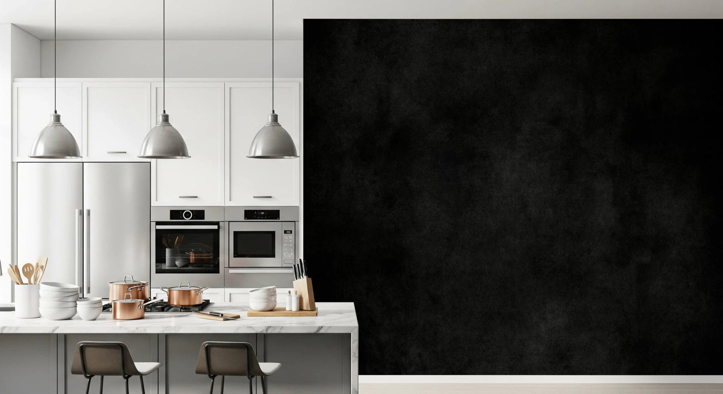 Dirty Paper - Cave wallpaper mural of a charcoal grunge wall beside a white kitchen with steel pendant lamps