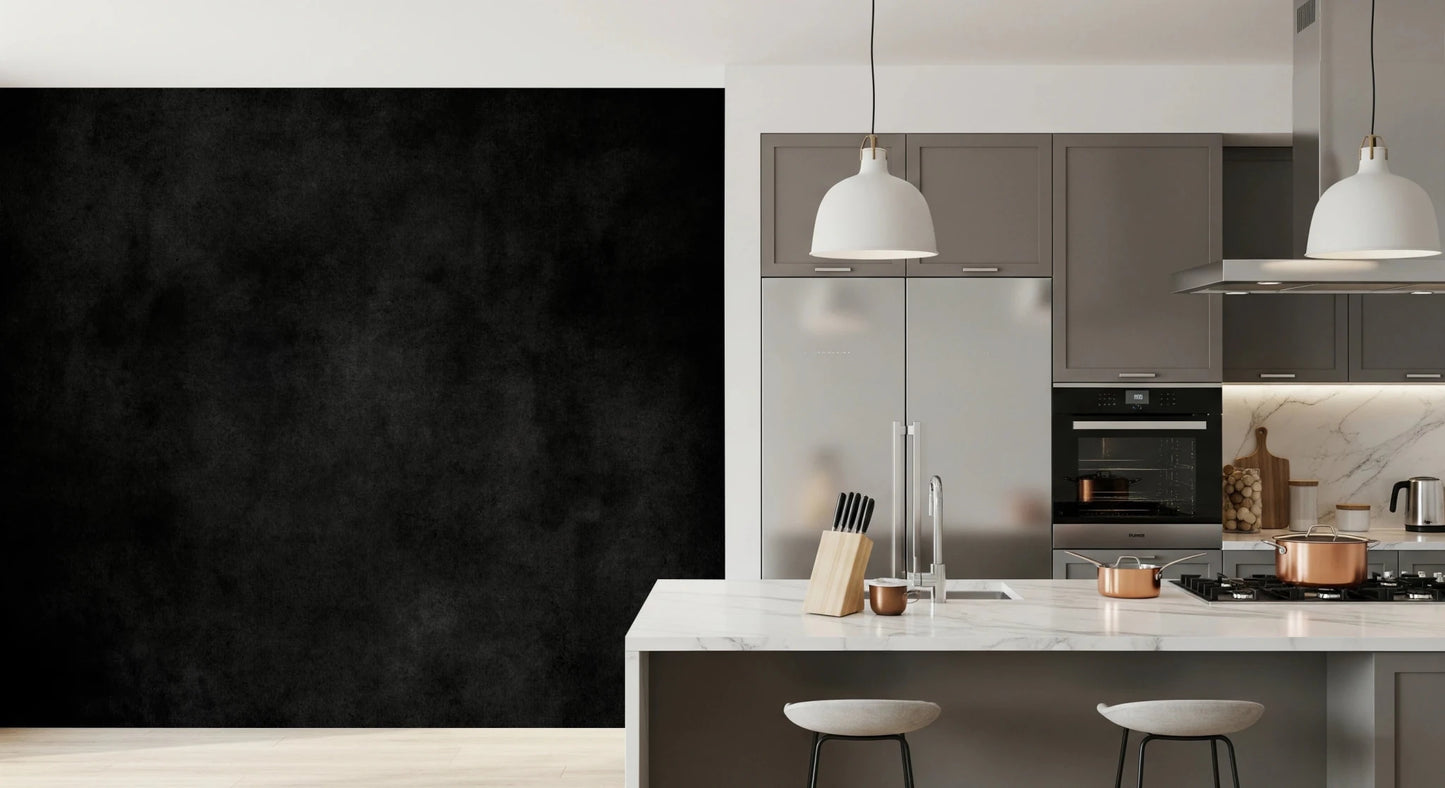 Dirty Paper - Cave wallpaper mural of a black grunge wall next to a grey kitchen island with barstools
