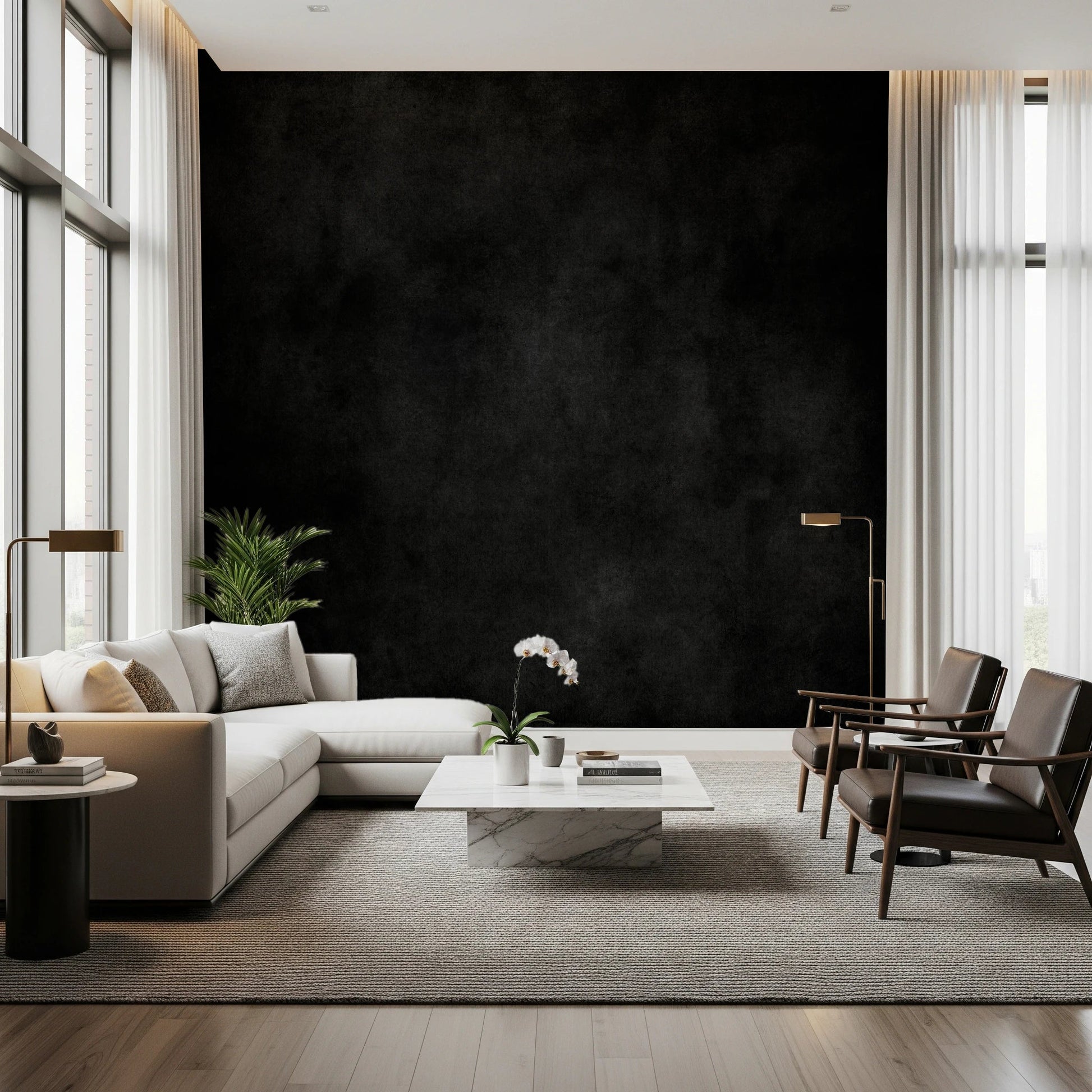 Dirty Paper - Cave wallpaper mural of a black plaster wall in a living room with a cream sectional and leather chairs