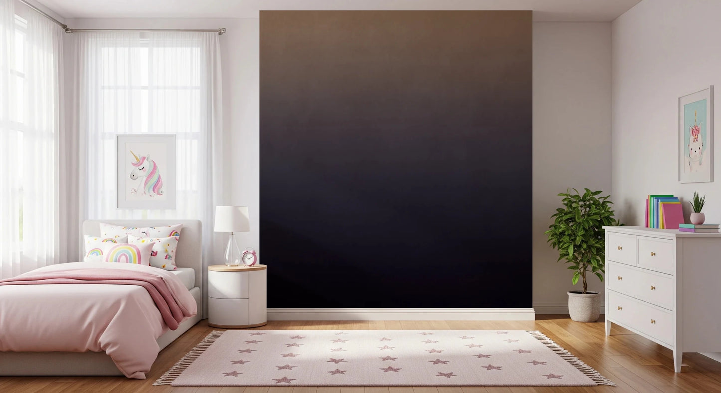 Dirty Paper - Ombre Dusk wallpaper mural of a gold-to-navy gradient in a girls bedroom with a pink bed and unicorn art