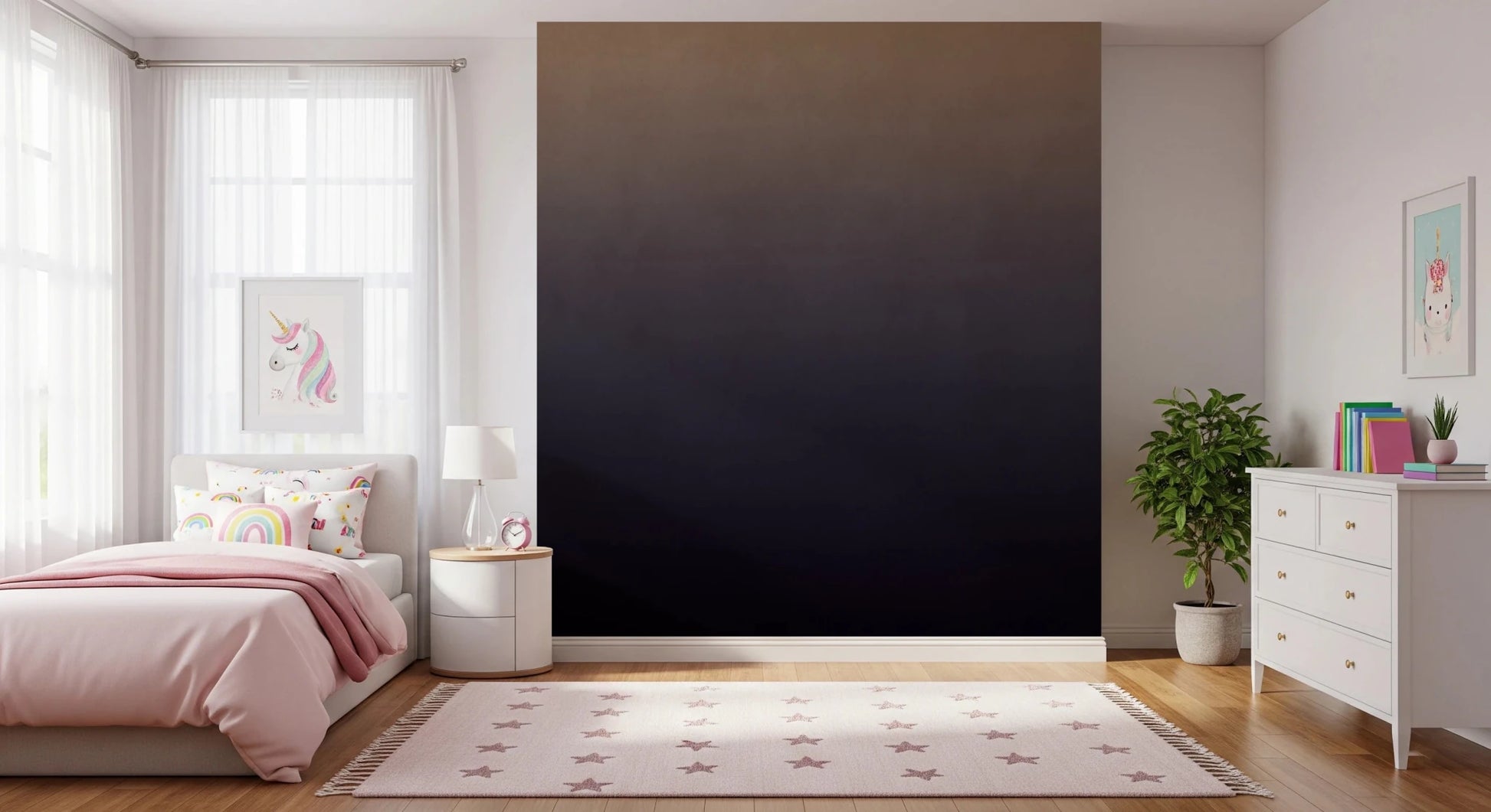 Dirty Paper - Ombre Dusk wallpaper mural of a gold-to-navy gradient in a girls bedroom with a pink bed and unicorn art