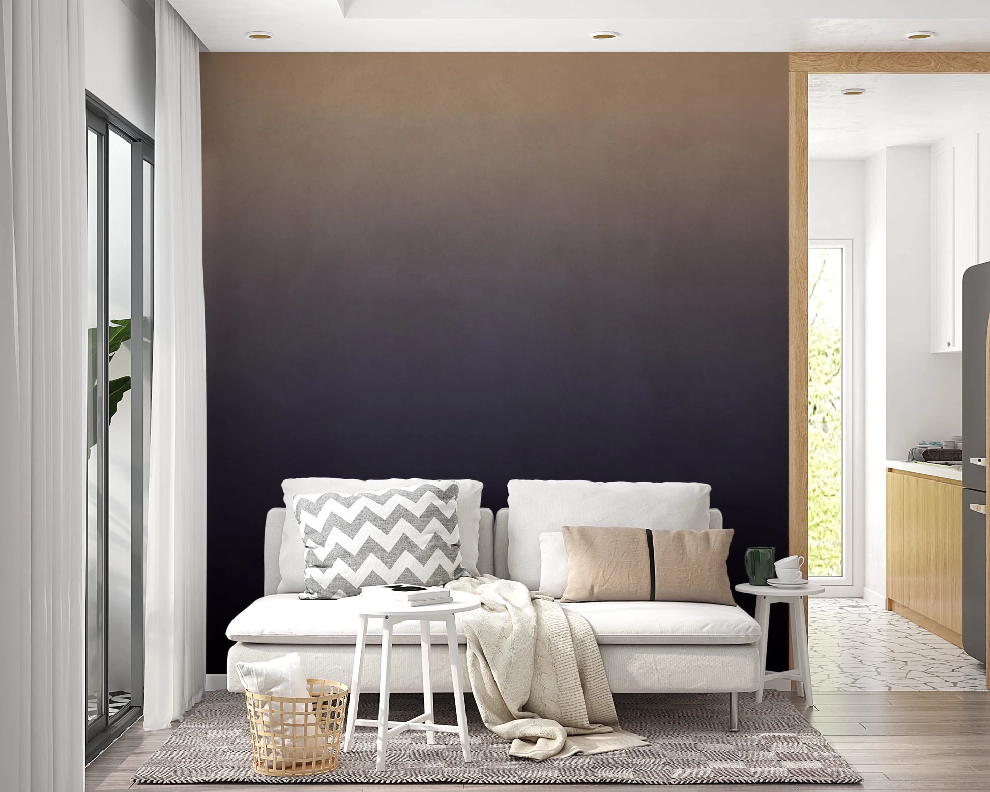 Dirty Paper - Ombre Dusk wallpaper mural of a dusk gradient behind a white sofa with a grey chevron pillow