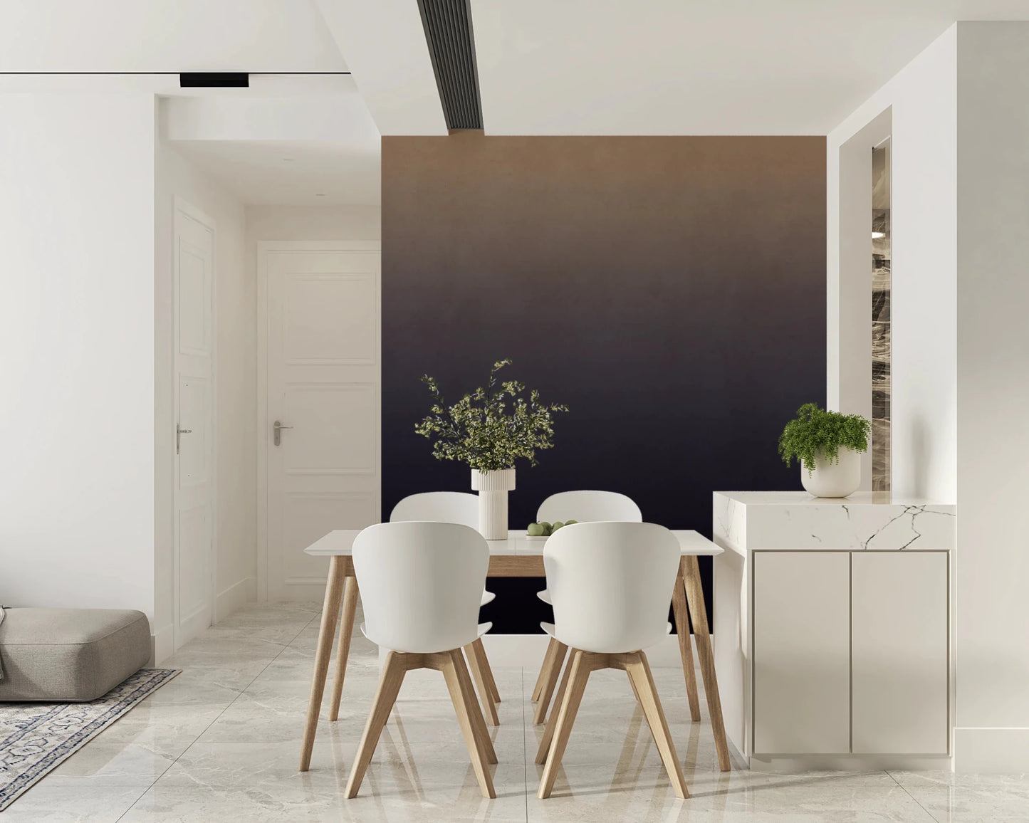 Dirty Paper - Ombre Dusk wallpaper mural of an ombre wall in a dining area with white chairs and marble sideboard