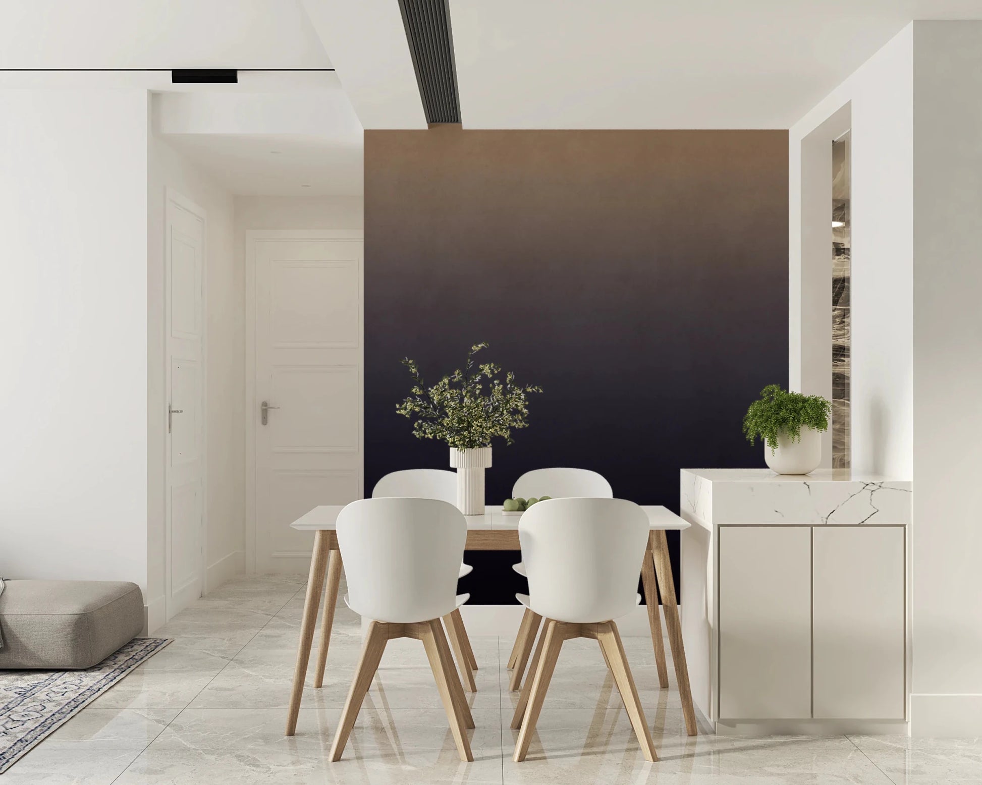 Dirty Paper - Ombre Dusk wallpaper mural of an ombre wall in a dining area with white chairs and marble sideboard