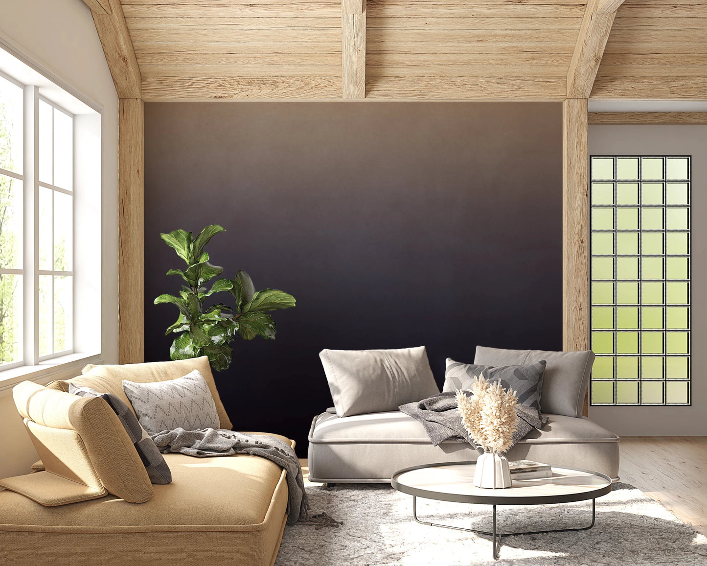 Dirty Paper - Ombre Dusk wallpaper mural of an ombre gradient behind beige sofas under a wood-beam ceiling