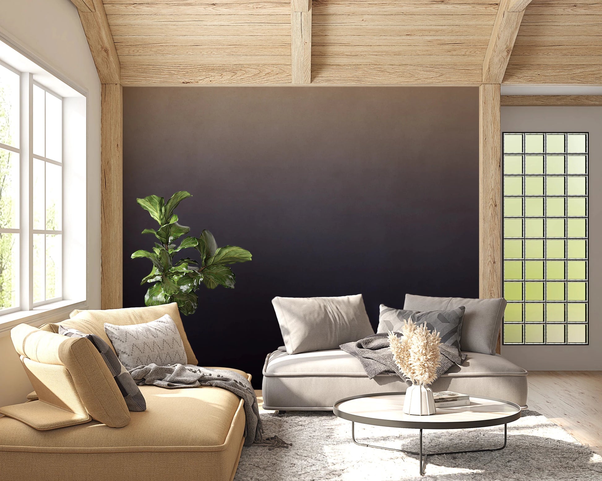 Dirty Paper - Ombre Dusk wallpaper mural of an ombre gradient behind beige sofas under a wood-beam ceiling