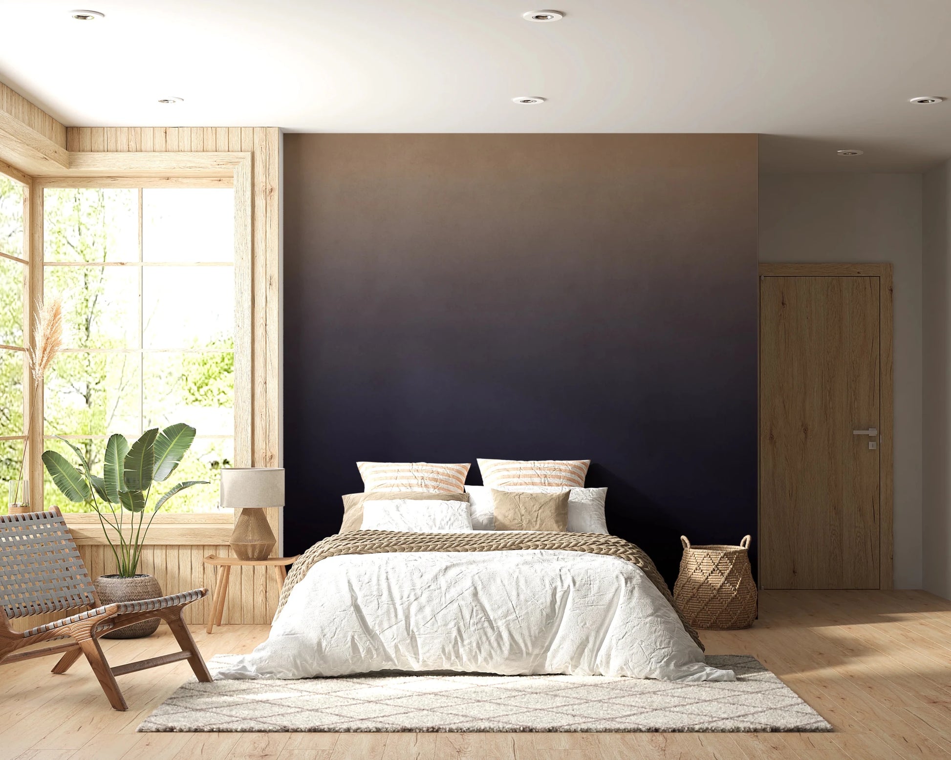 Dirty Paper - Ombre Dusk wallpaper mural of a gold-to-navy gradient behind a white bed in a cabin bedroom