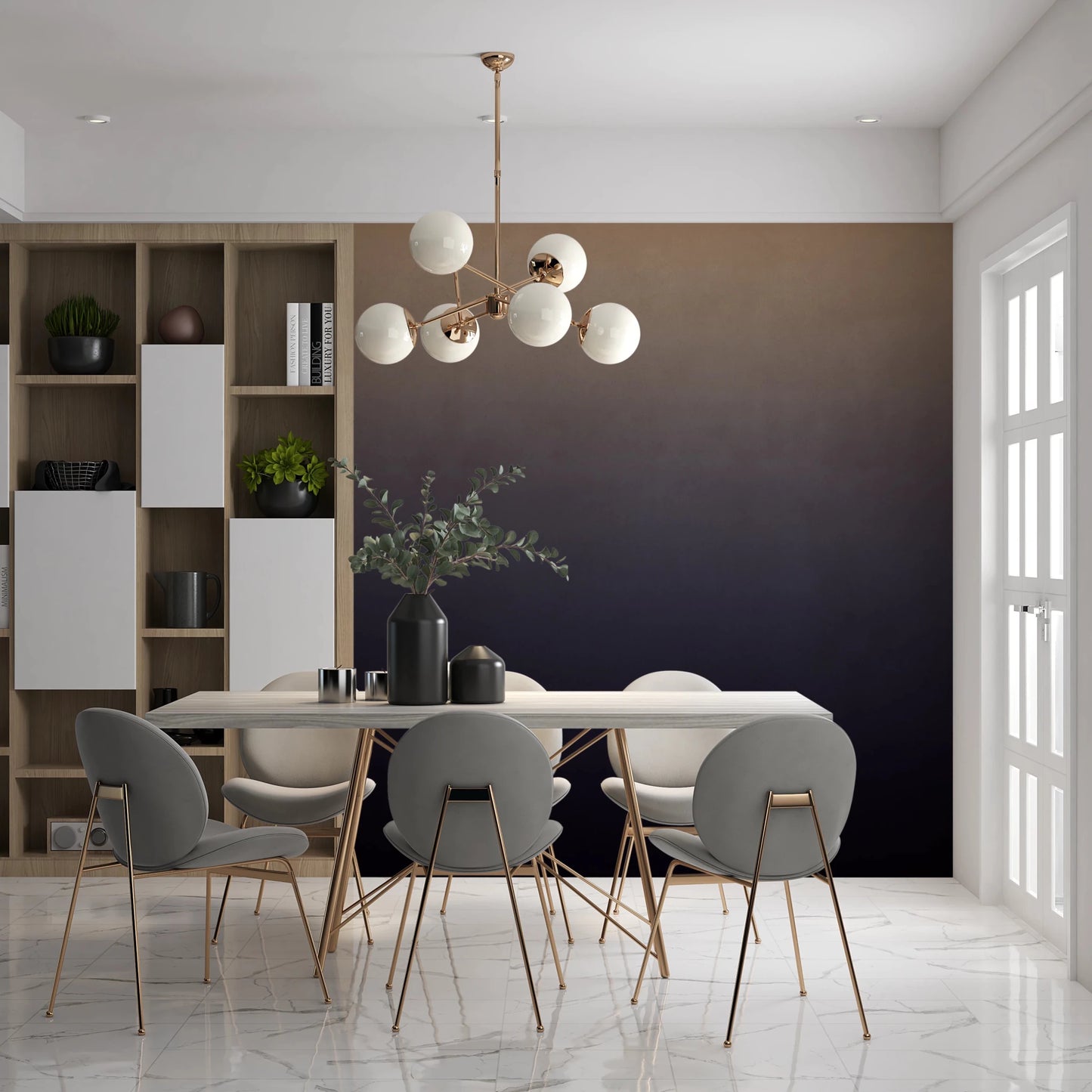 Dirty Paper - Ombre Dusk wallpaper mural of a tan-to-navy wall behind grey chairs and a gold globe chandelier