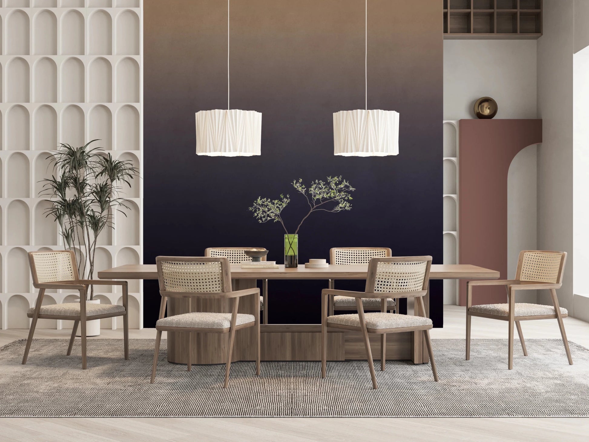 Dirty Paper - Ombre Dusk wallpaper mural of a dusk gradient in a dining room with cane chairs and drum pendants