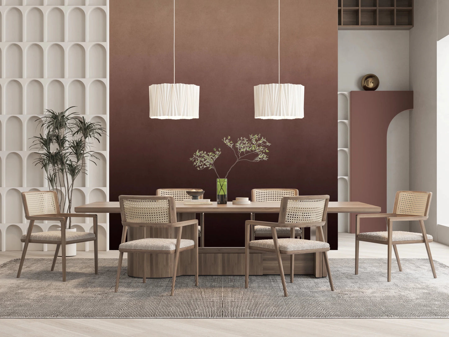 Dirty Paper Ombre Peach wall mural in a dining room with wood table, cane chairs and twin pleated pendant lamps