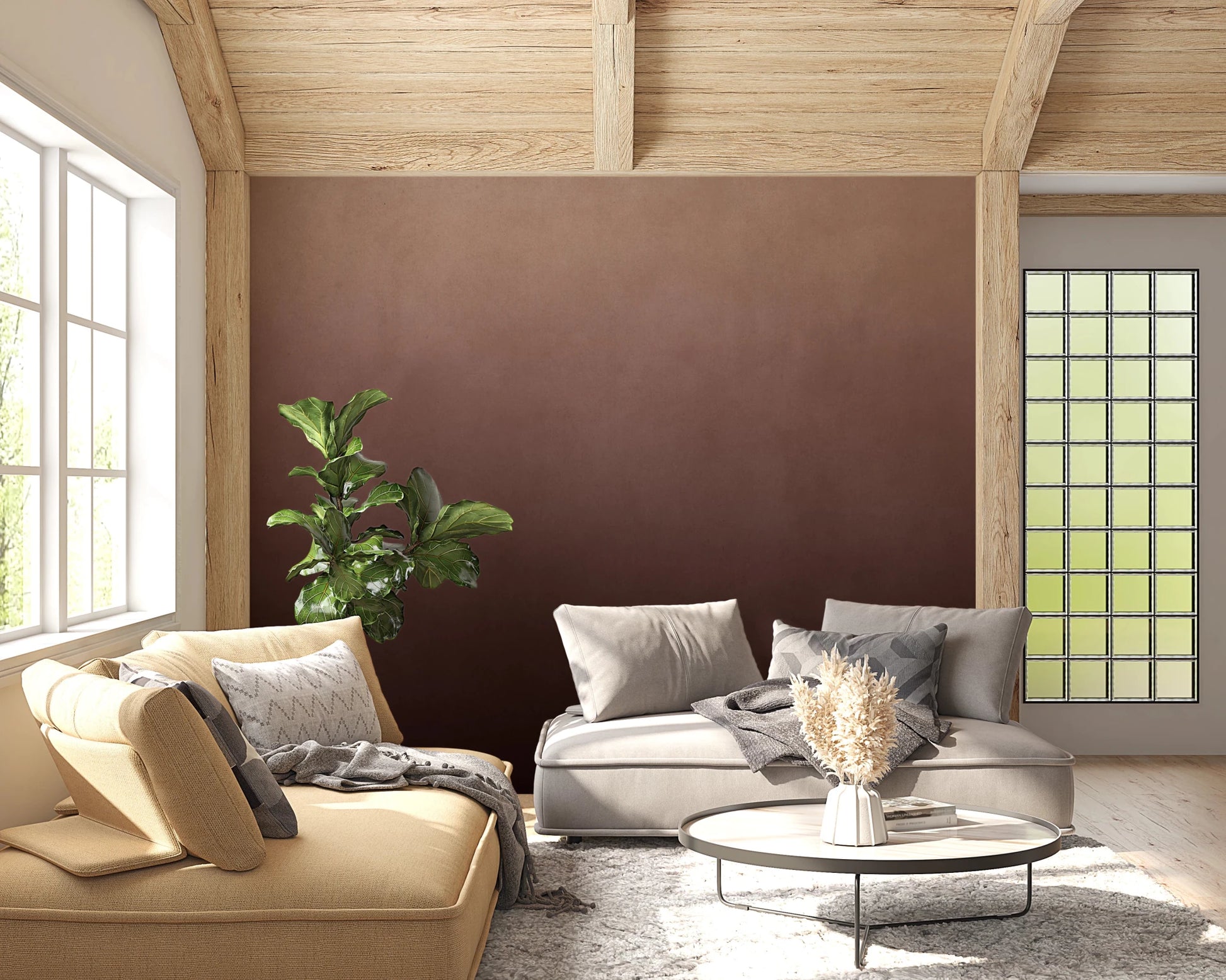 Dirty Paper Ombre Peach wall mural in a wood-beam living room with yellow and grey curved sofas and fiddle-leaf plant