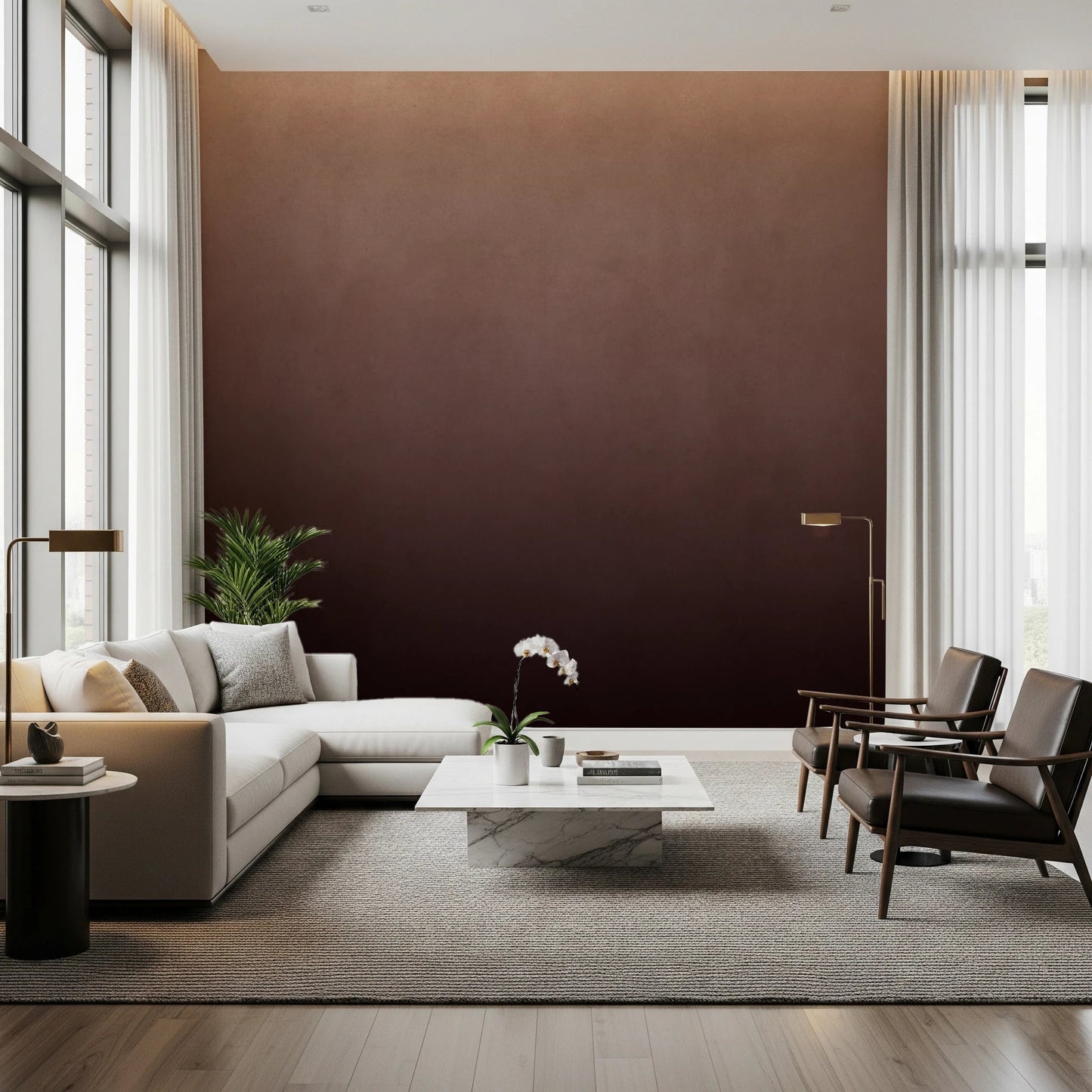 Dirty Paper Ombre Peach wall mural fading peach to deep brown in a living room with cream sectional and leather chairs