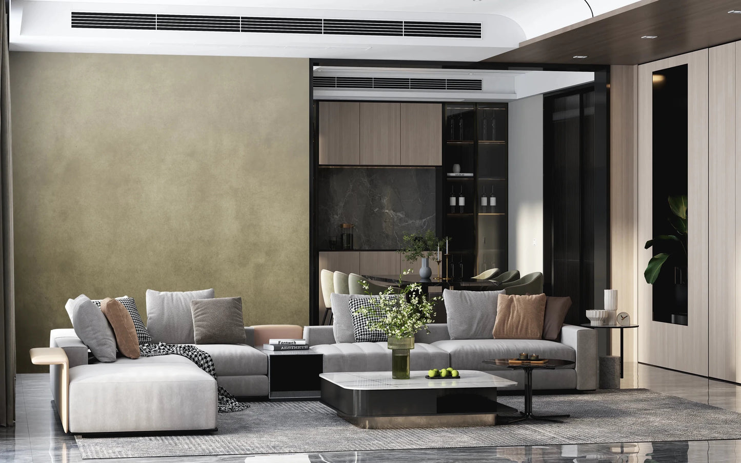 Ombre Tobacco wall mural in a modern living room with grey sectional sofa and dark wood cabinetry