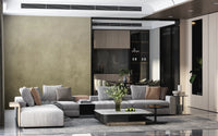 Ombre Tobacco wall mural in a modern living room with grey sectional sofa and dark wood cabinetry