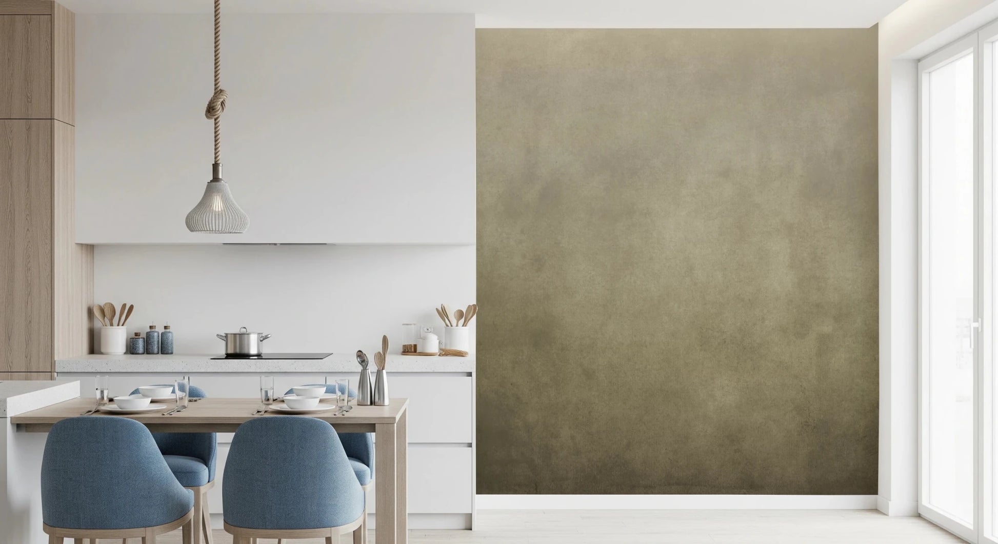 Ombre Tobacco wall mural in a kitchen diner with white cabinets, blue chairs and a light wood table