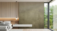 Ombre Tobacco wall mural in a bedroom with wood headboard and floating nightstand beside a glass garden wall
