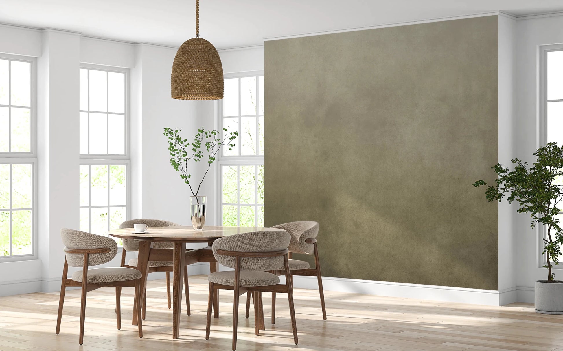 Ombre Tobacco wall mural in a dining room with round wood table, beige chairs and rattan pendant
