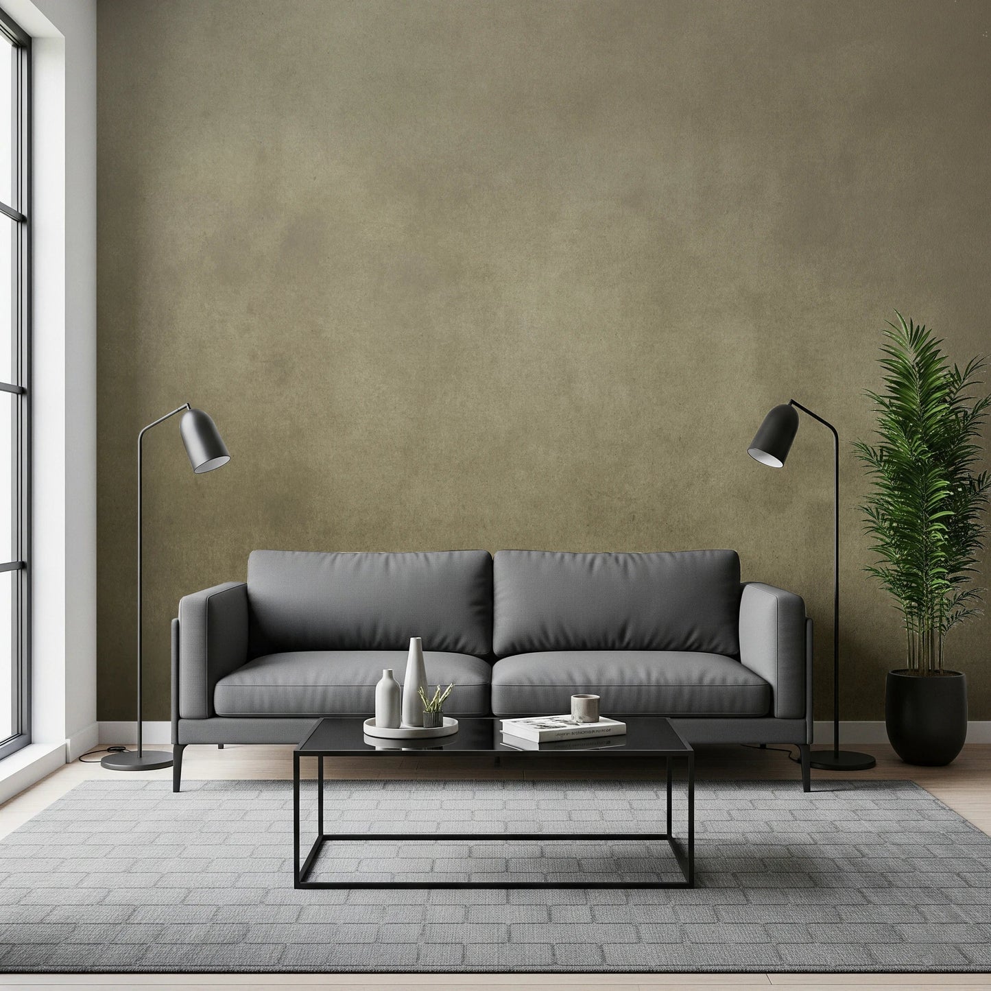 Ombre Tobacco wall mural in a living room with grey sofa, black floor lamps and a low metal coffee table