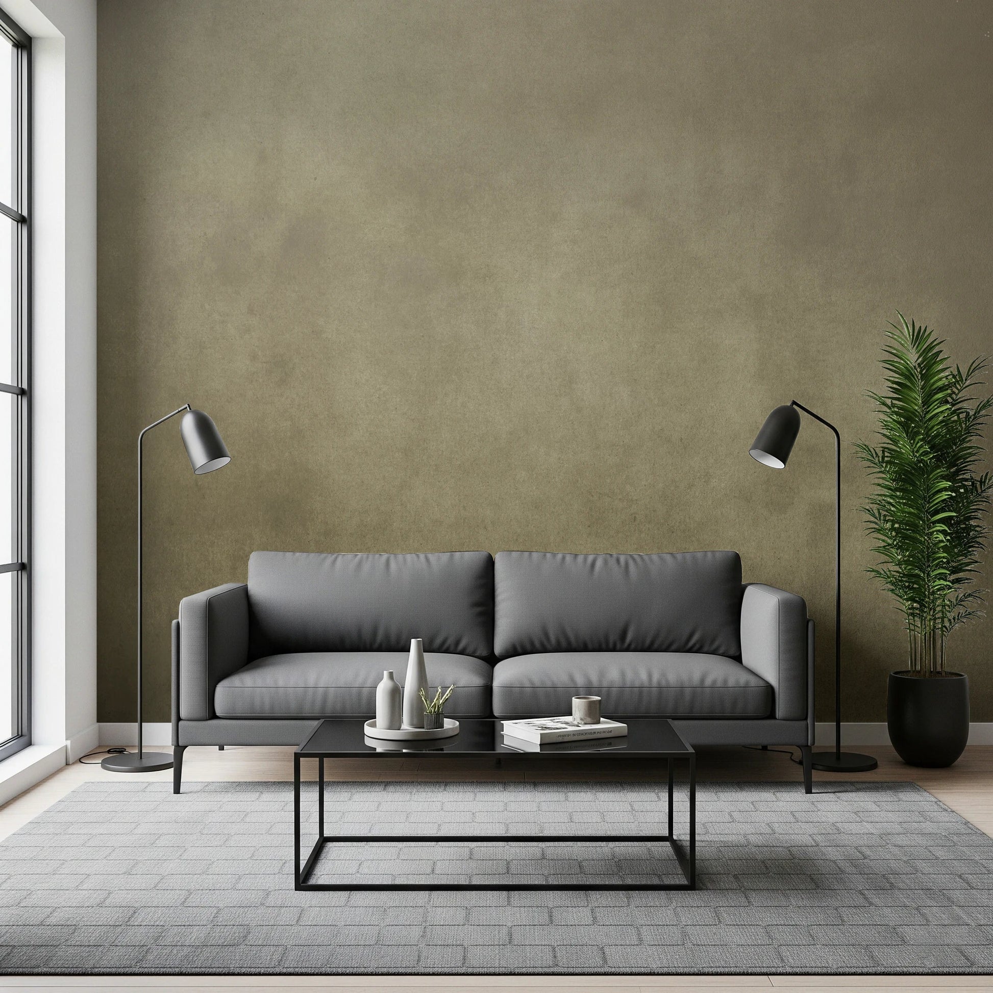 Ombre Tobacco wall mural in a living room with grey sofa, black floor lamps and a low metal coffee table