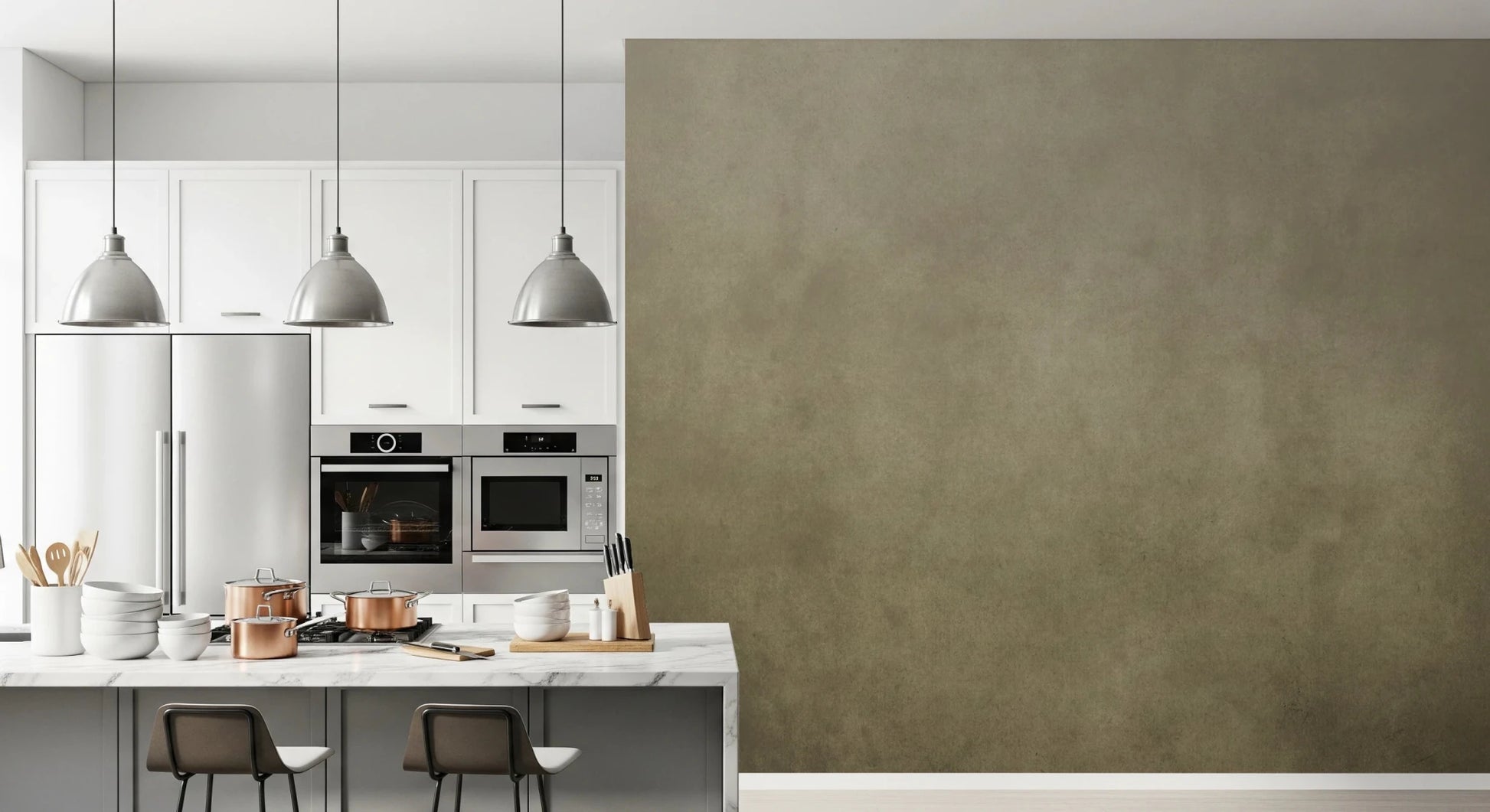 Ombre Tobacco wall mural in a white kitchen with copper pots, marble island and pendant lights