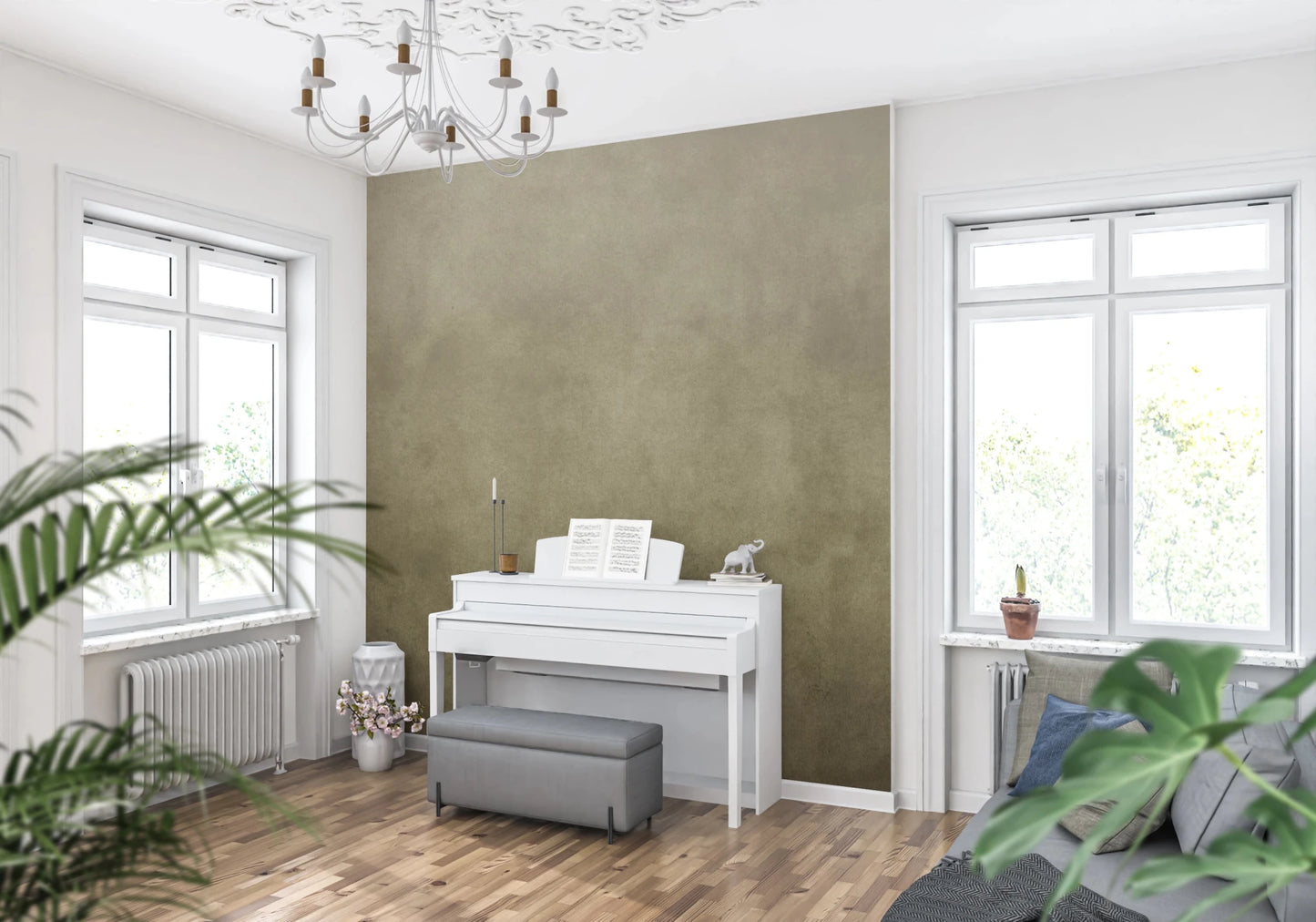 Ombre Tobacco wall mural in a music room with white upright piano, grey bench and chandelier