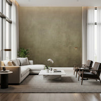 Ombre Tobacco wall mural in a bright living room with beige sectional, leather armchairs and marble table