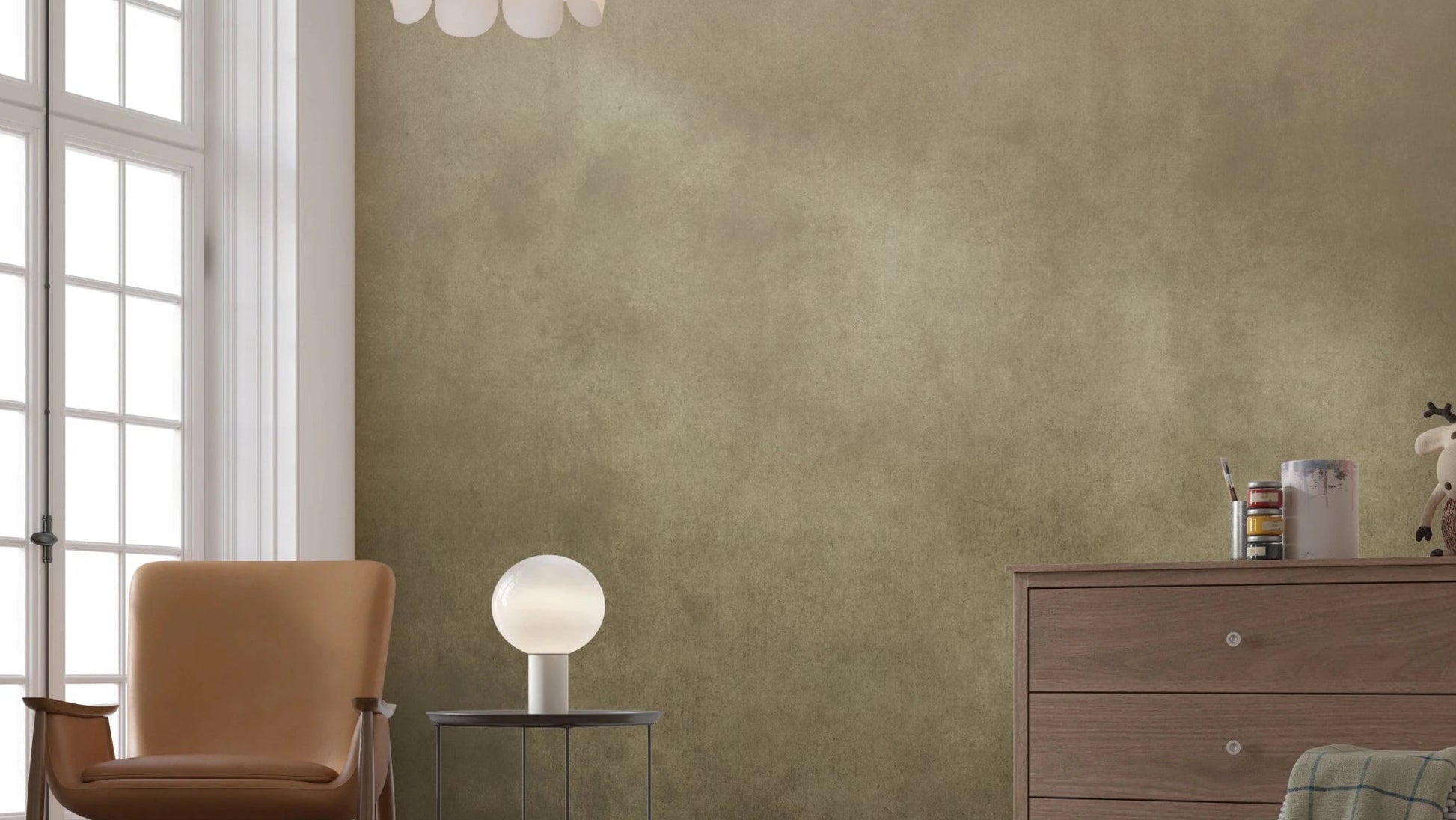 Ombre Tobacco wall mural in a bedroom with tan leather armchair, wood dresser and a round globe lamp