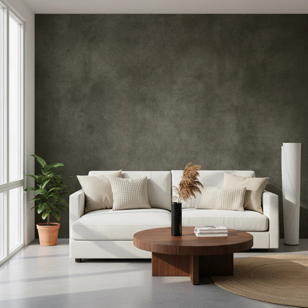 Dirty Paper Putty wall mural in muted olive-grey behind a white sofa and round walnut coffee table by tall windows