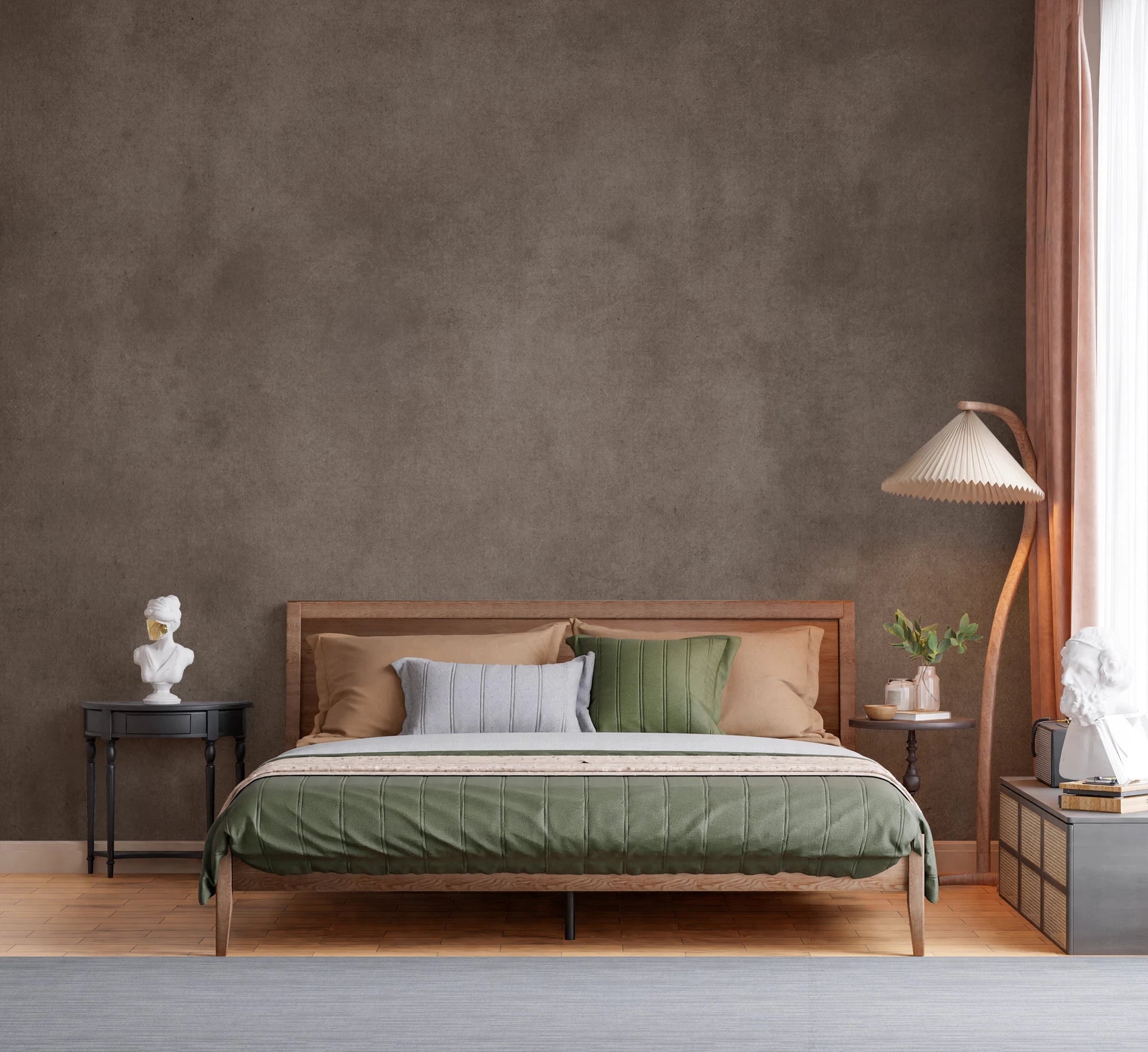 Dirty Paper Taupe wall mural in warm brown behind a wood bed with green bedding and a pleated arc floor lamp