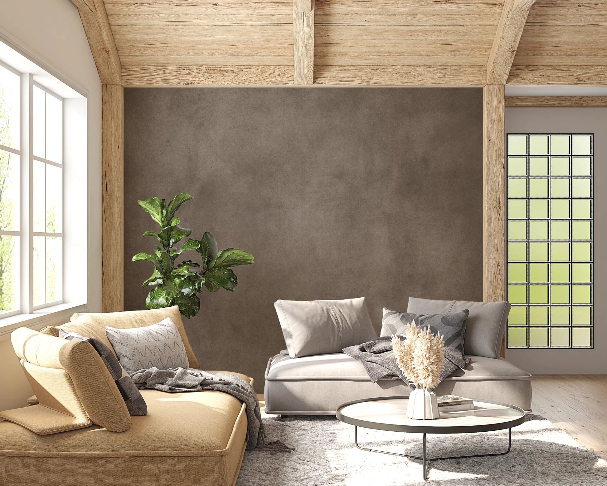 Dirty Paper Taupe wall mural in a wood-beam living room with yellow and grey sofas and a fiddle-leaf plant