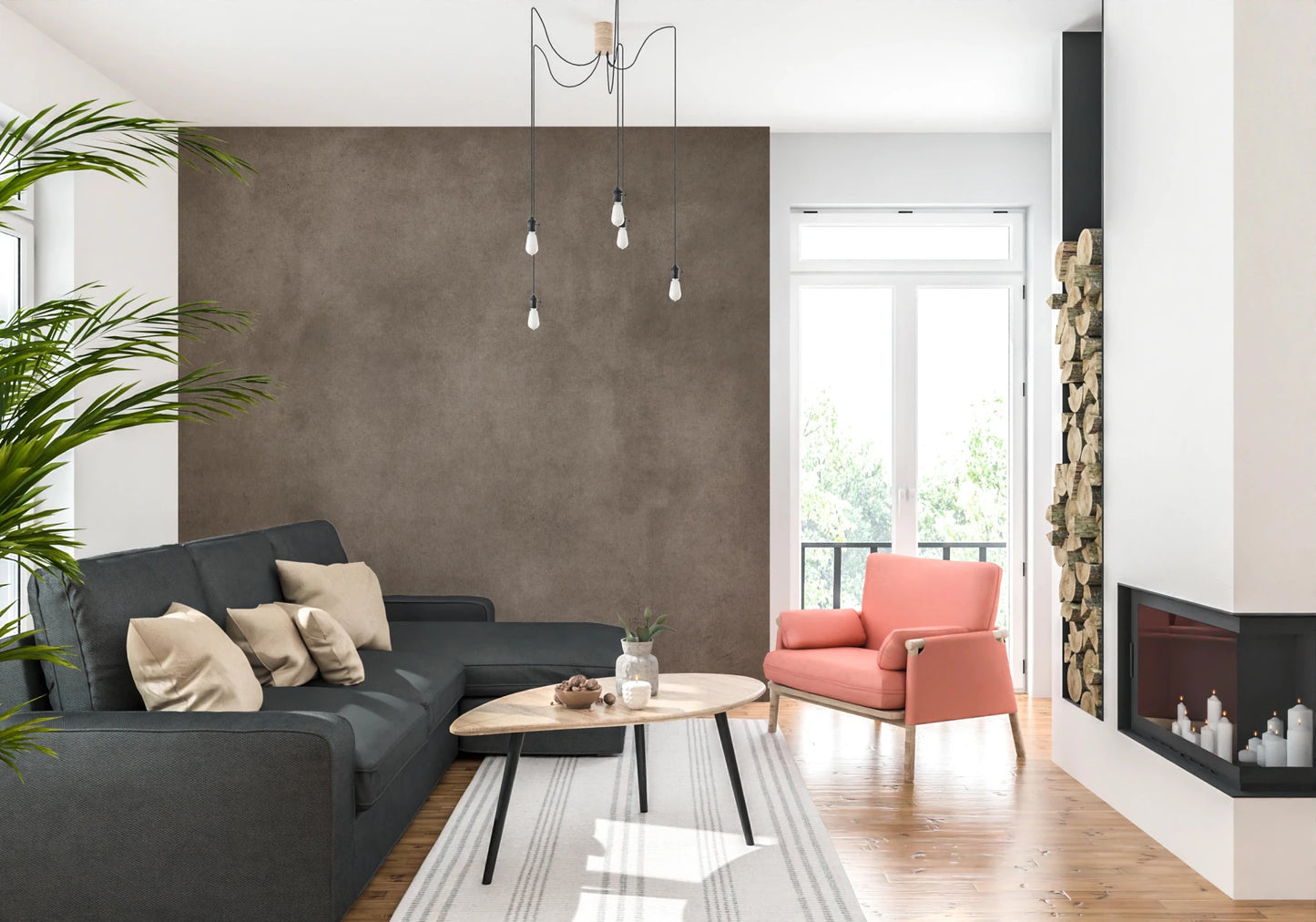 Dirty Paper Taupe wall mural behind a charcoal sofa and coral armchair with firewood stack and fireplace